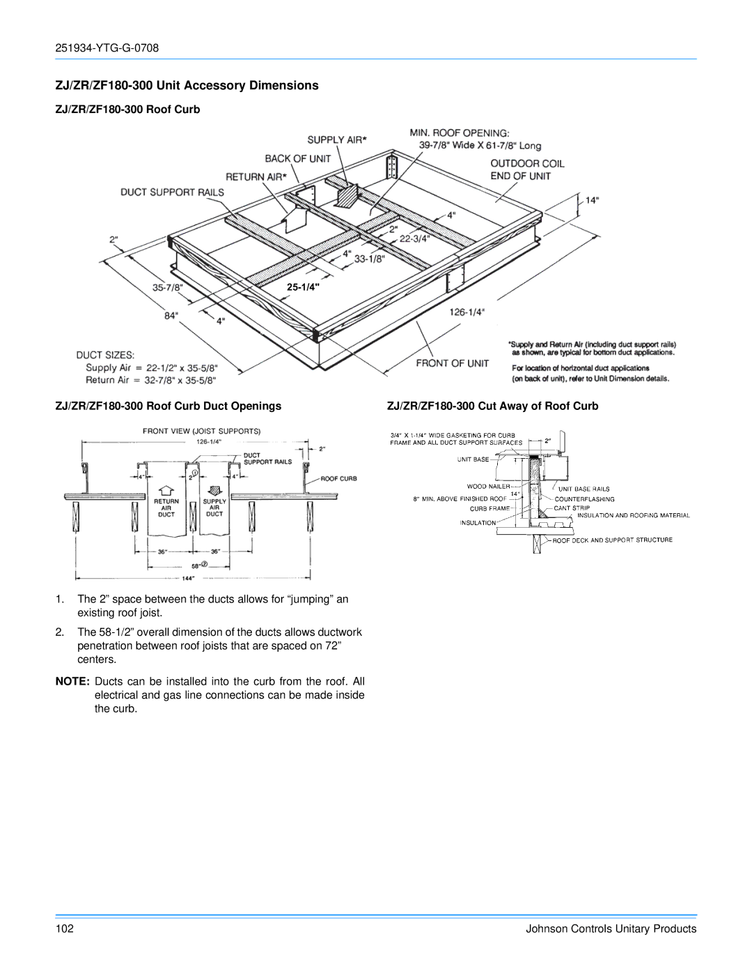 York R-410A manual ZJ/ZR/ZF180-300 Unit Accessory Dimensions, ZJ/ZR/ZF180-300 Roof Curb 