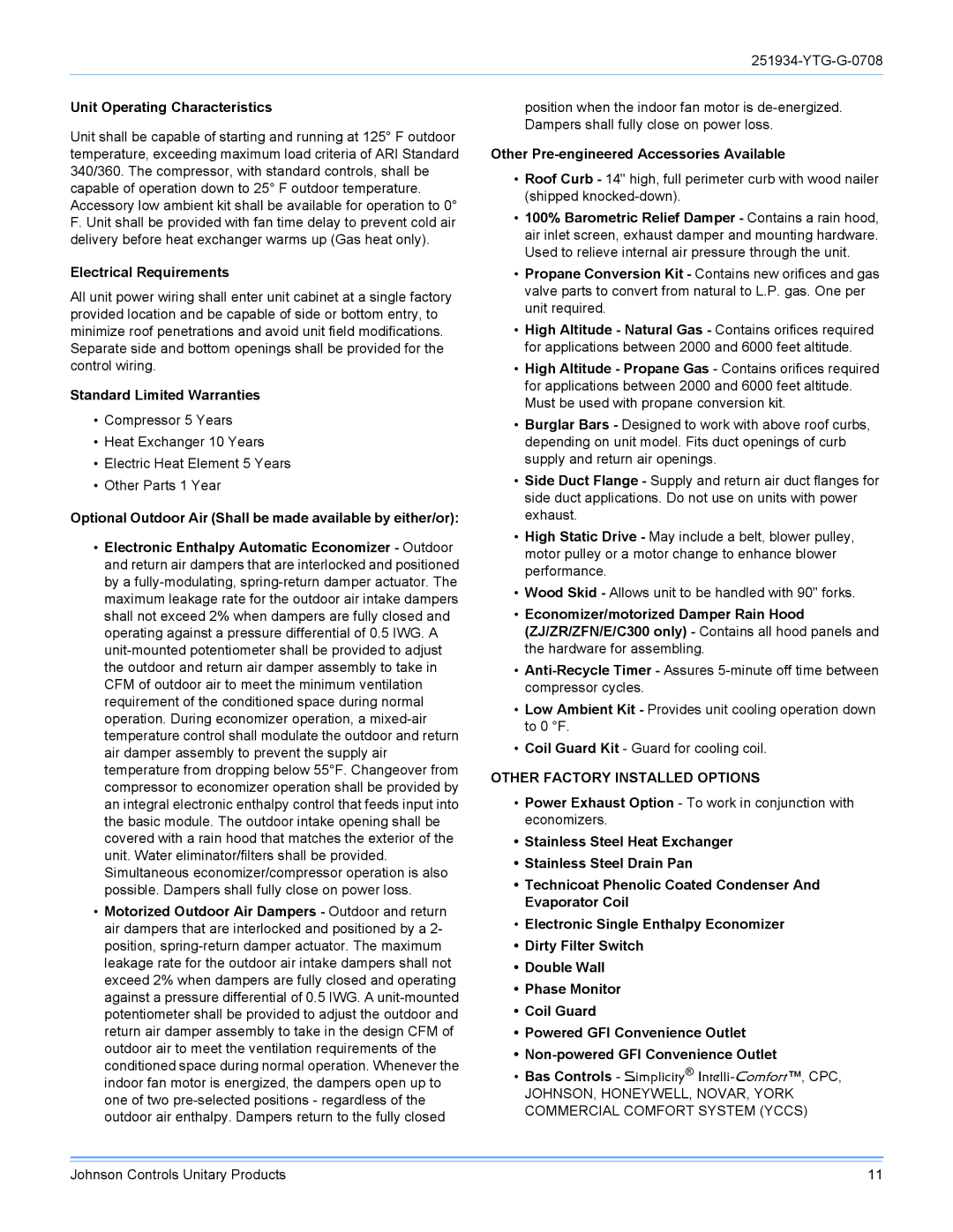 York R-410A manual Unit Operating Characteristics, Electrical Requirements, Standard Limited Warranties 