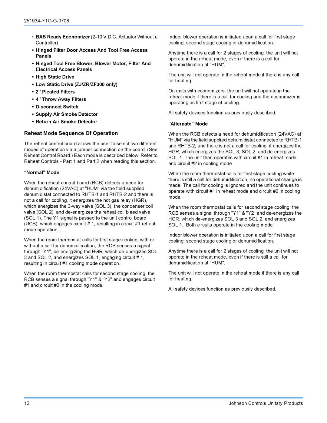 York R-410A manual Reheat Mode Sequence Of Operation, Normal Mode, Alternate Mode 