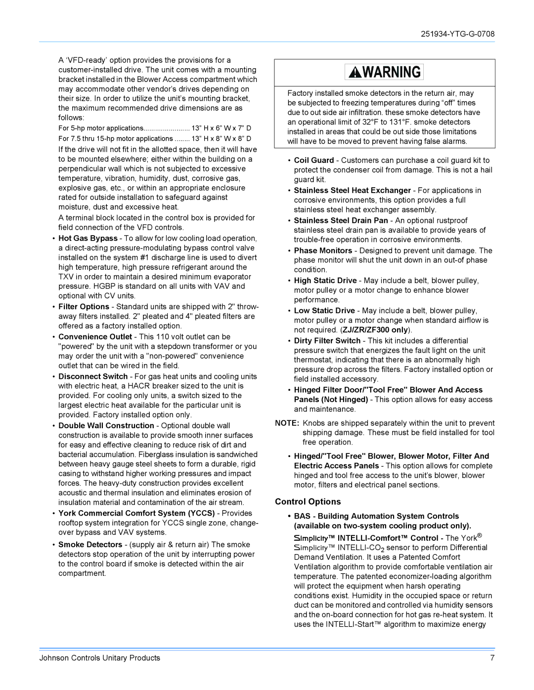 York R-410A manual Control Options 