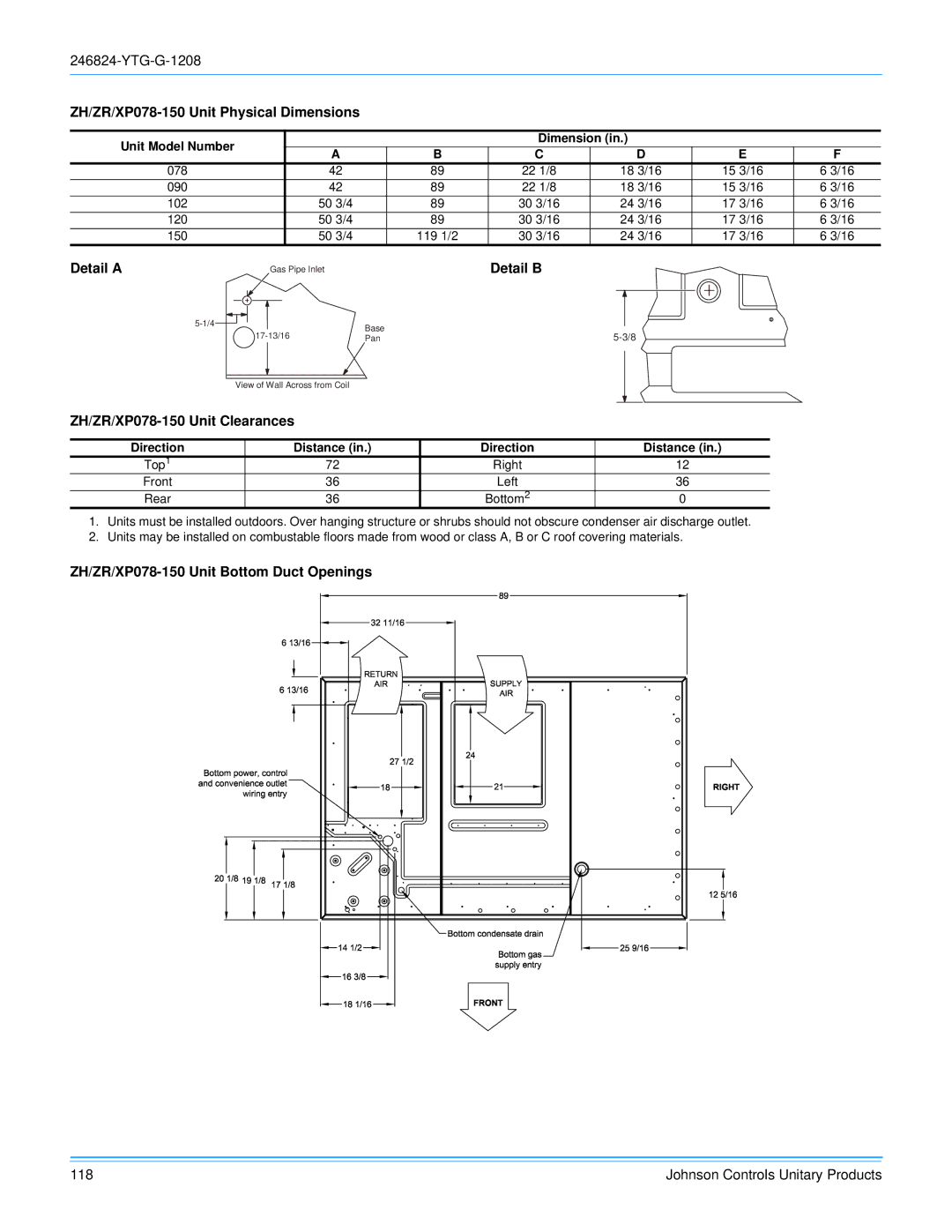 York R-410A manual ZH/ZR/XP078-150 Unit Physical Dimensions, Detail a, ZH/ZR/XP078-150 Unit Clearances 