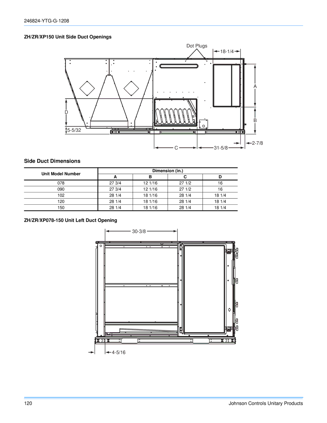 York R-410A manual Side Duct Dimensions, ZH/ZR/XP150 Unit Side Duct Openings, ZH/ZR/XP078-150 Unit Left Duct Opening 