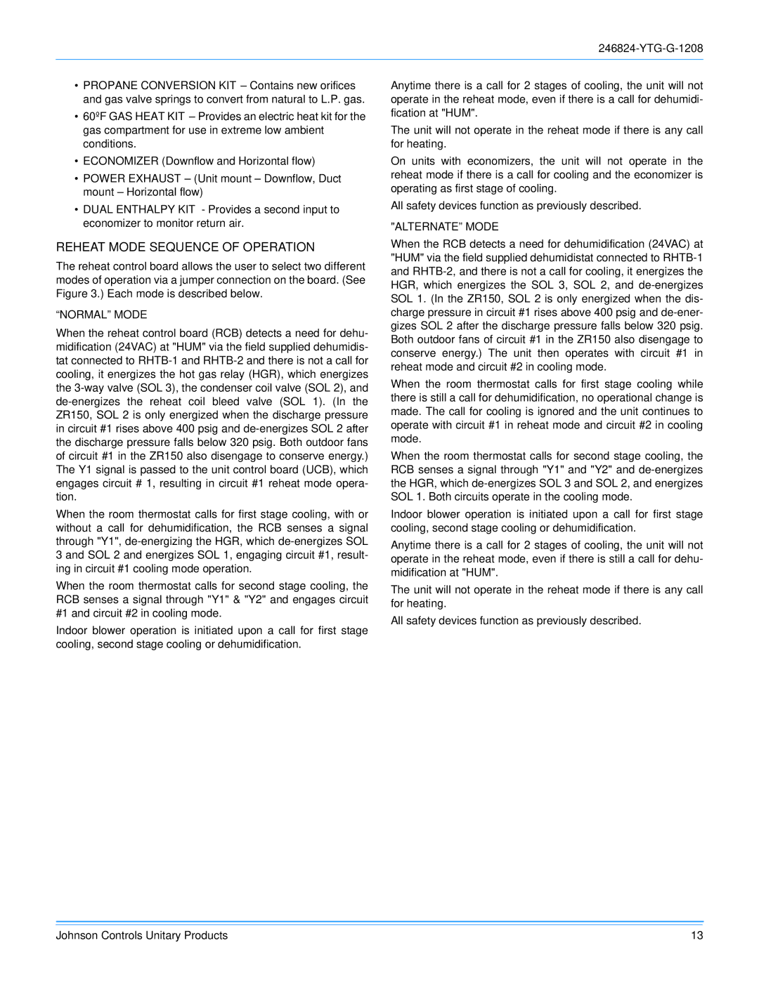 York R-410A manual Reheat Mode Sequence of Operation 