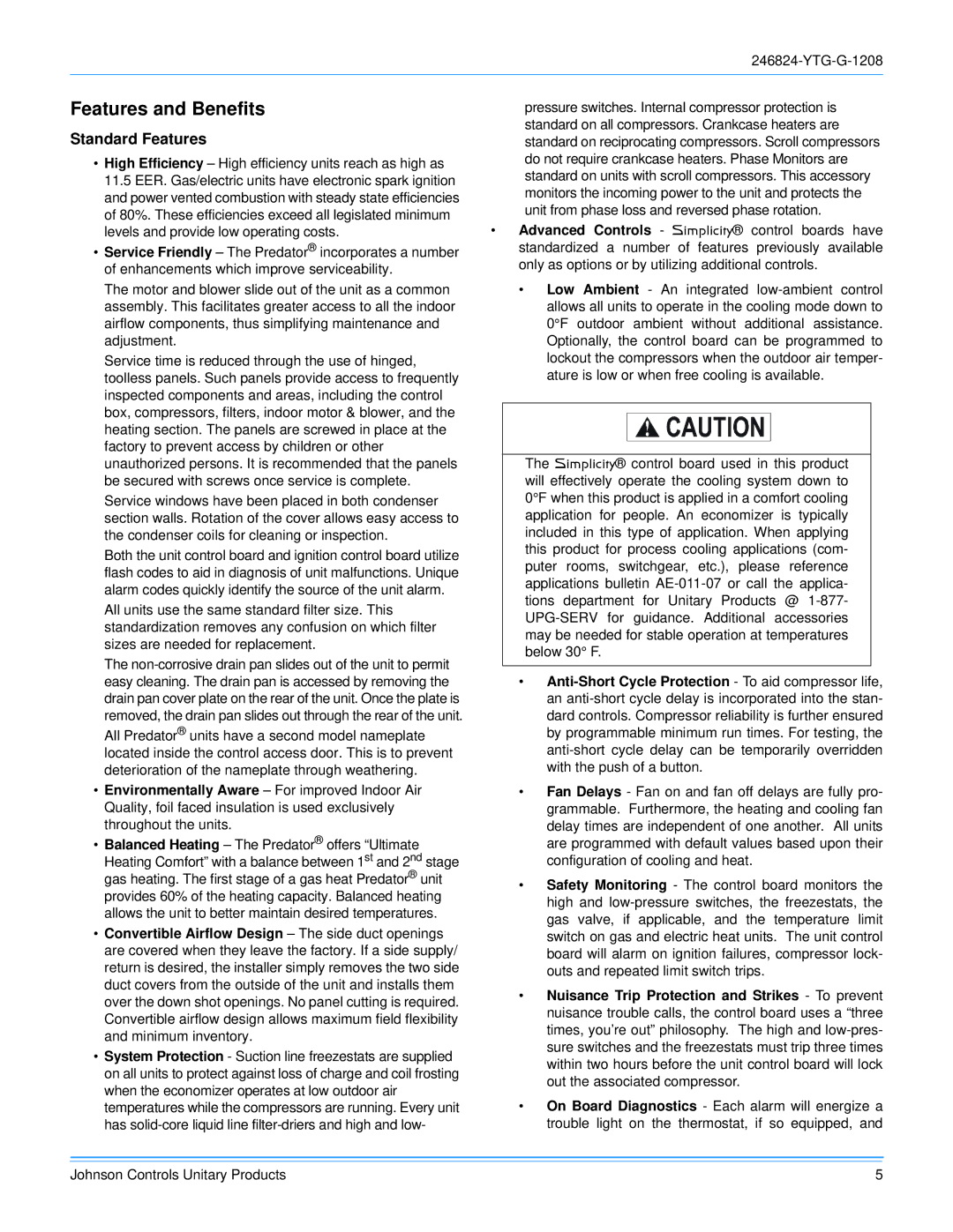 York R-410A manual Features and Benefits, Standard Features 