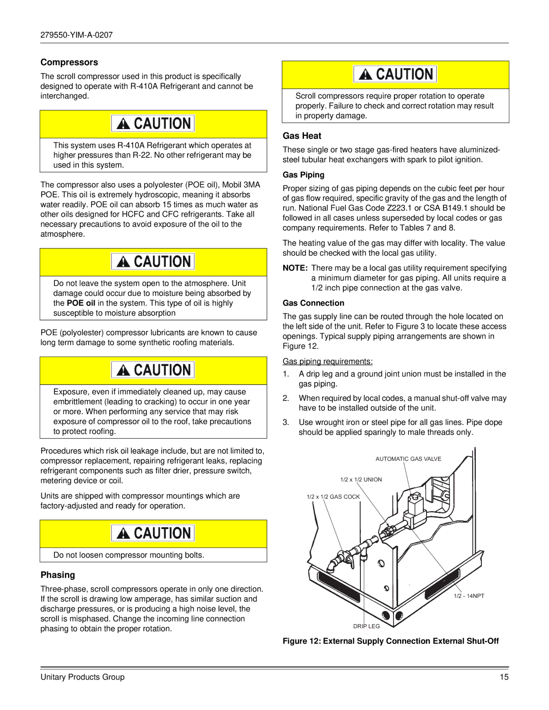 York R-410A dimensions Compressors, Phasing, Gas Heat, Gas Piping, Gas Connection 