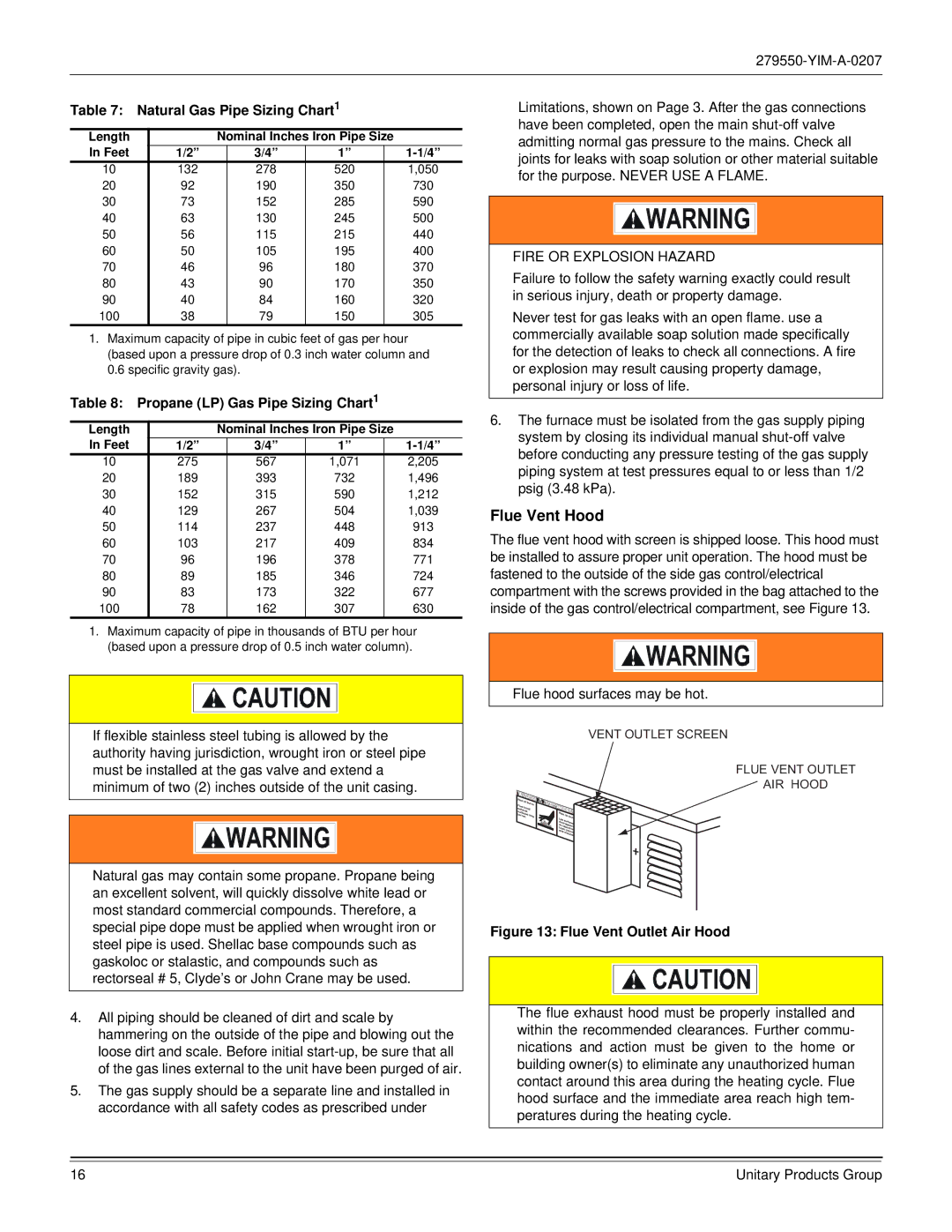 York R-410A dimensions Flue Vent Hood, Natural Gas Pipe Sizing Chart1, Propane LP Gas Pipe Sizing Chart1 