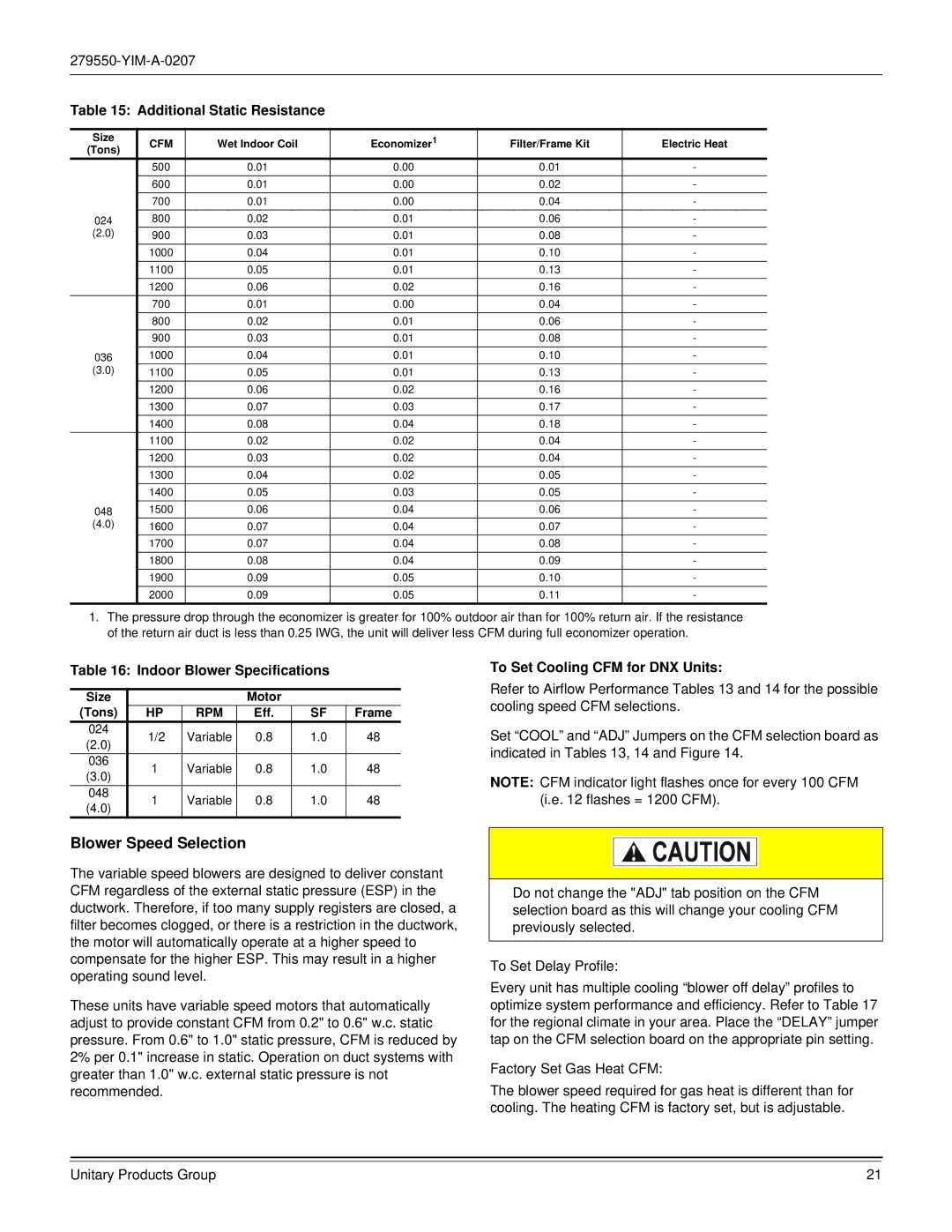 York R-410A dimensions Blower Speed Selection, Additional Static Resistance, Indoor Blower Specifications 