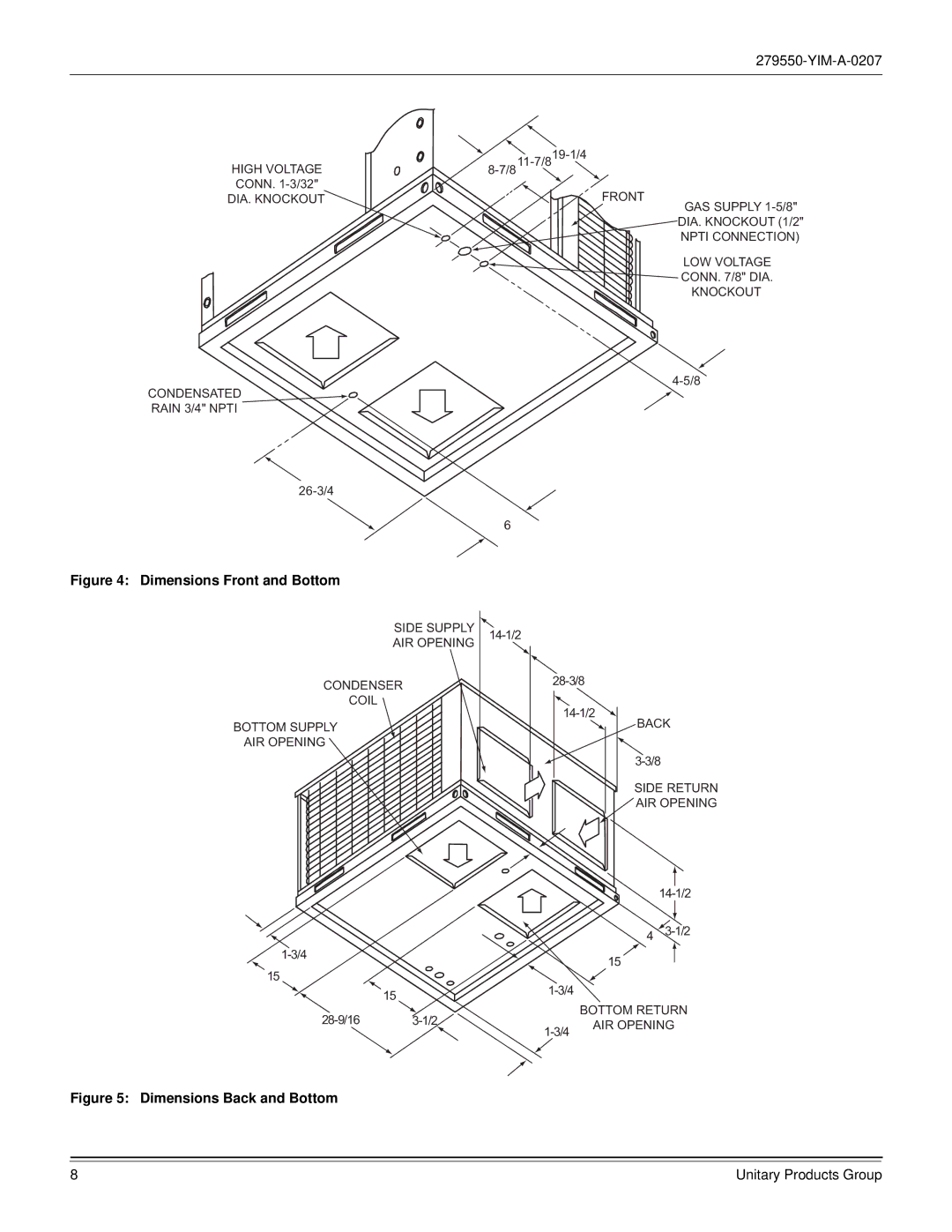 York R-410A dimensions Dimensions Front and Bottom 