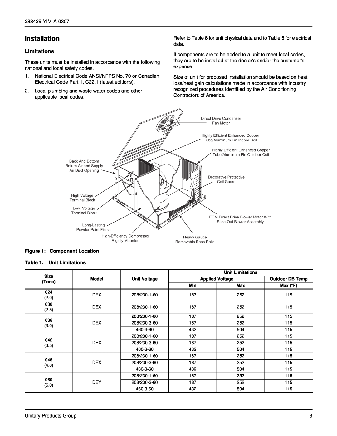 York R-410A dimensions Installation, Component Location, Unit Limitations 