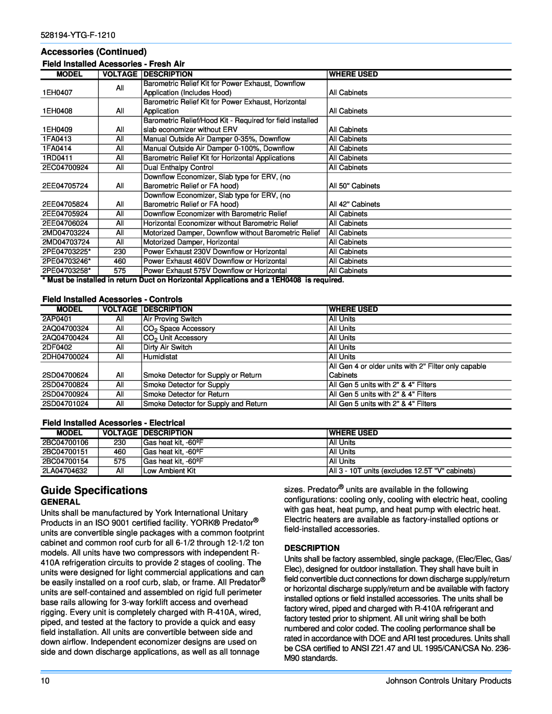 York R-410A manual Guide Specifications, Accessories Continued 