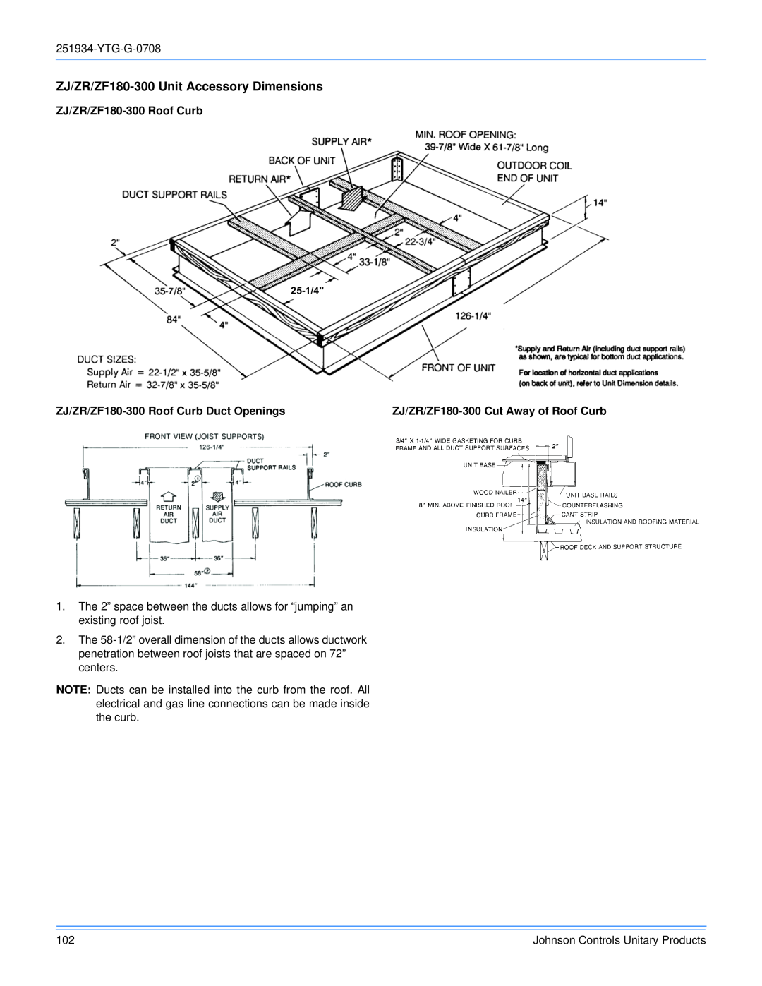 York R-410A manual ZJ/ZR/ZF180-300Unit Accessory Dimensions, ZJ/ZR/ZF180-300Roof Curb Duct Openings 