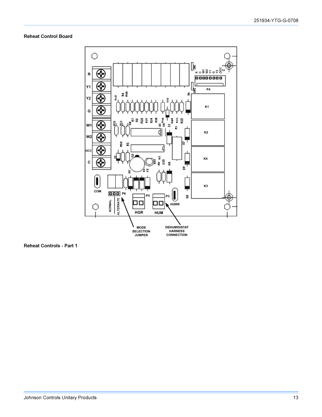York R-410A manual YTG-G-0708, Reheat Control Board, Reheat Controls - Part, Johnson Controls Unitary Products 