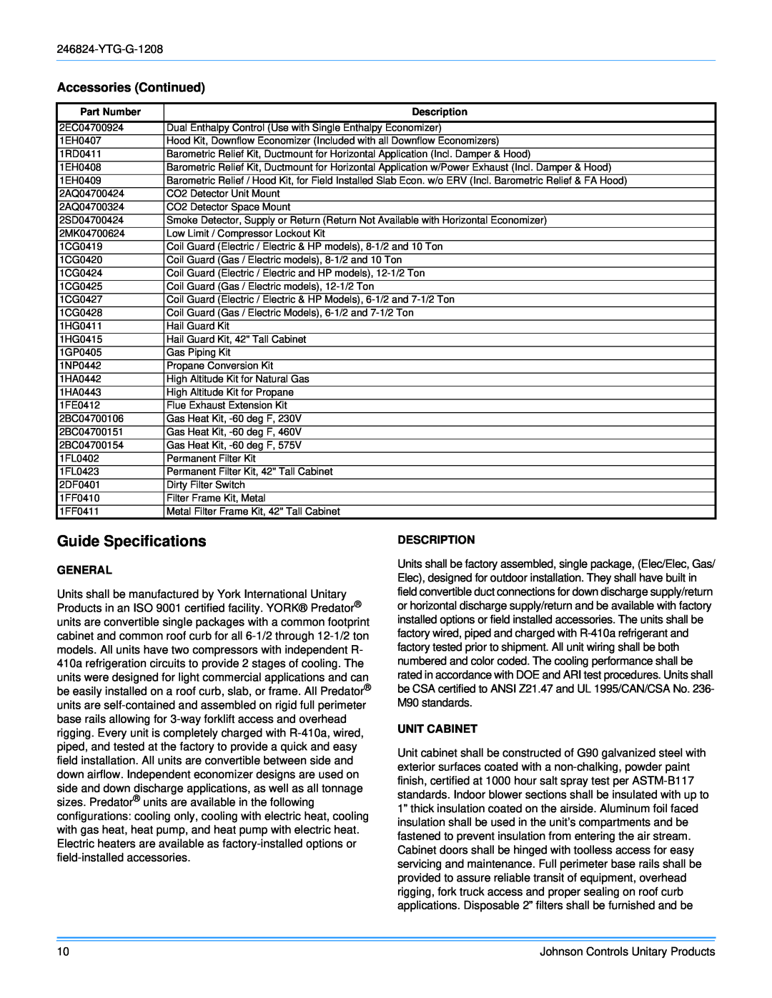 York R-410A manual Guide Specifications, Accessories Continued 
