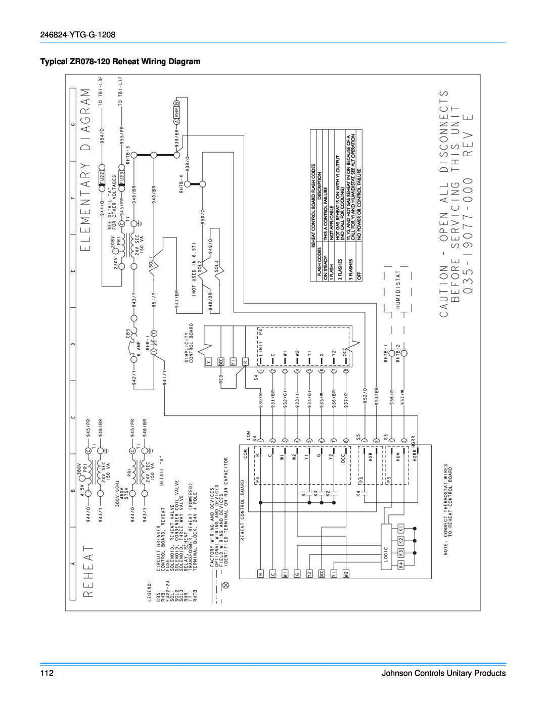 York R-410A manual Typical ZR078-120Reheat Wiring Diagram, Johnson Controls Unitary Products 