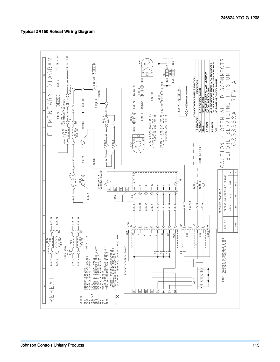 York R-410A manual YTG-G-1208, Typical ZR150 Reheat Wiring Diagram, Johnson Controls Unitary Products 