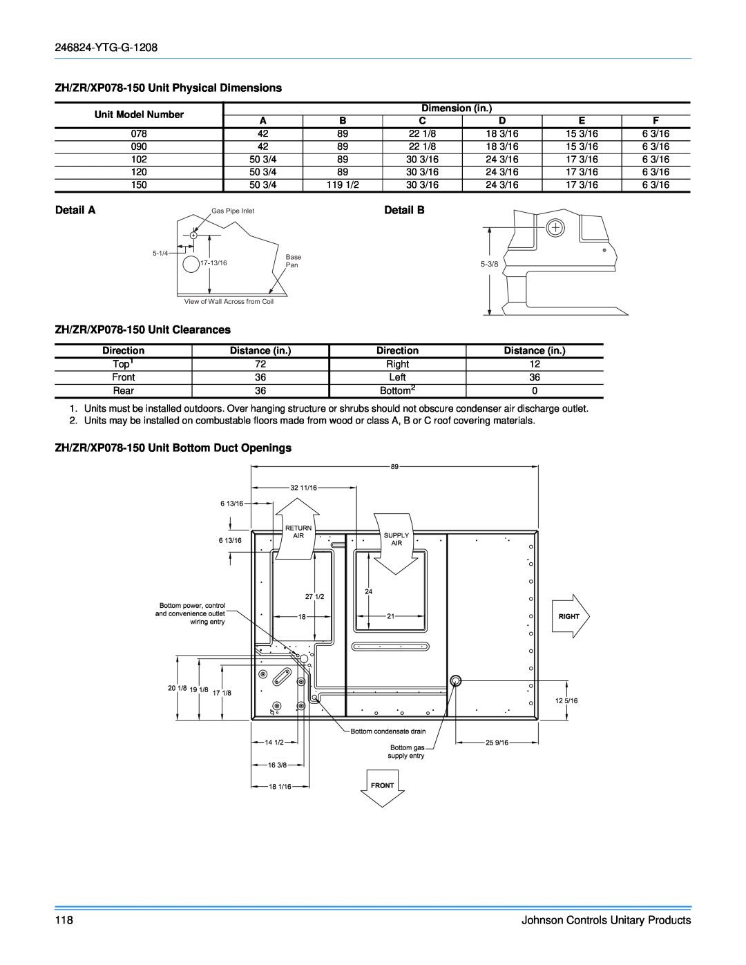 York R-410A manual Detail B, ZH/ZR/XP078-150Unit Physical Dimensions, Detail A, ZH/ZR/XP078-150Unit Clearances 