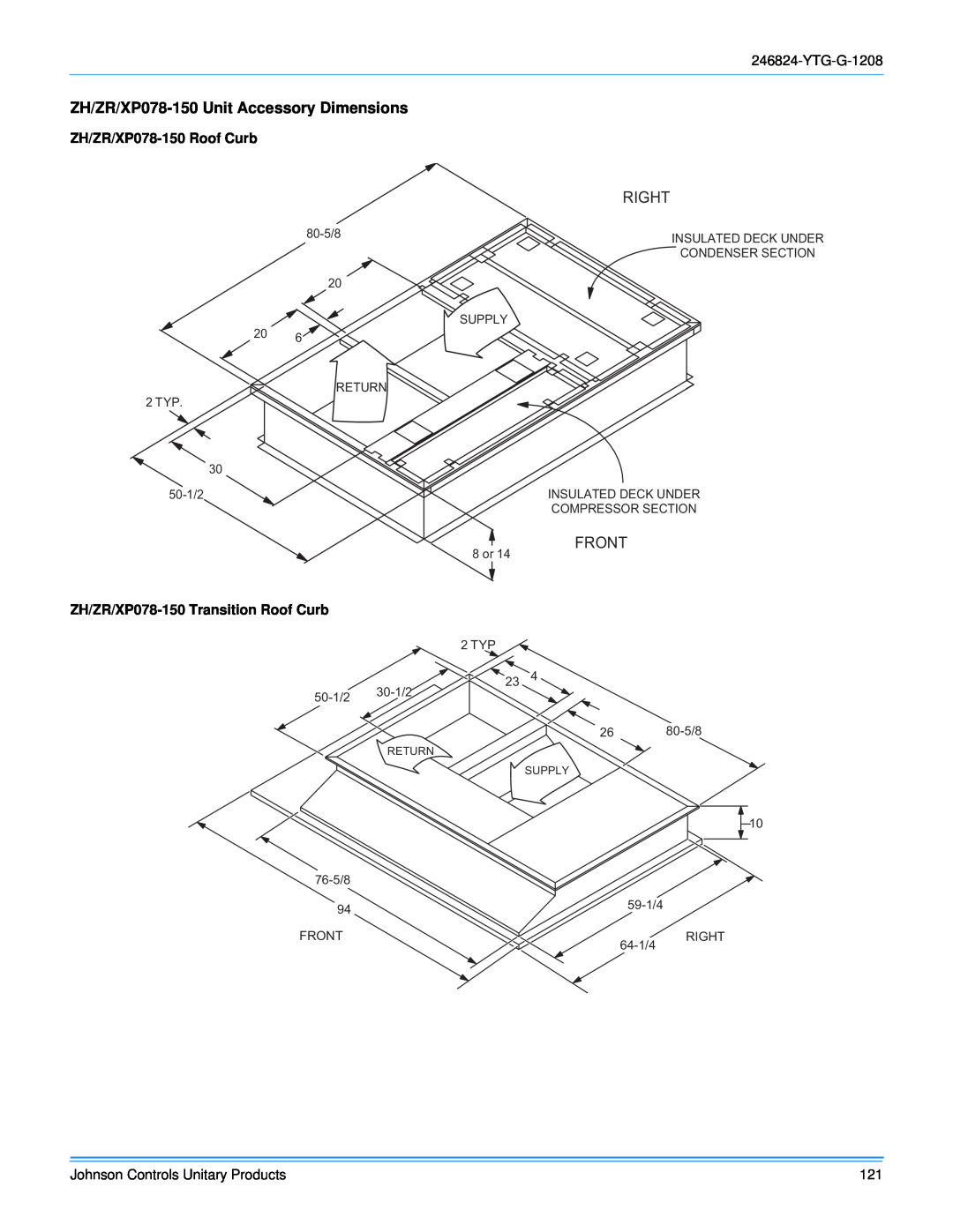 York R-410A manual Right, Front, ZH/ZR/XP078-150Unit Accessory Dimensions 