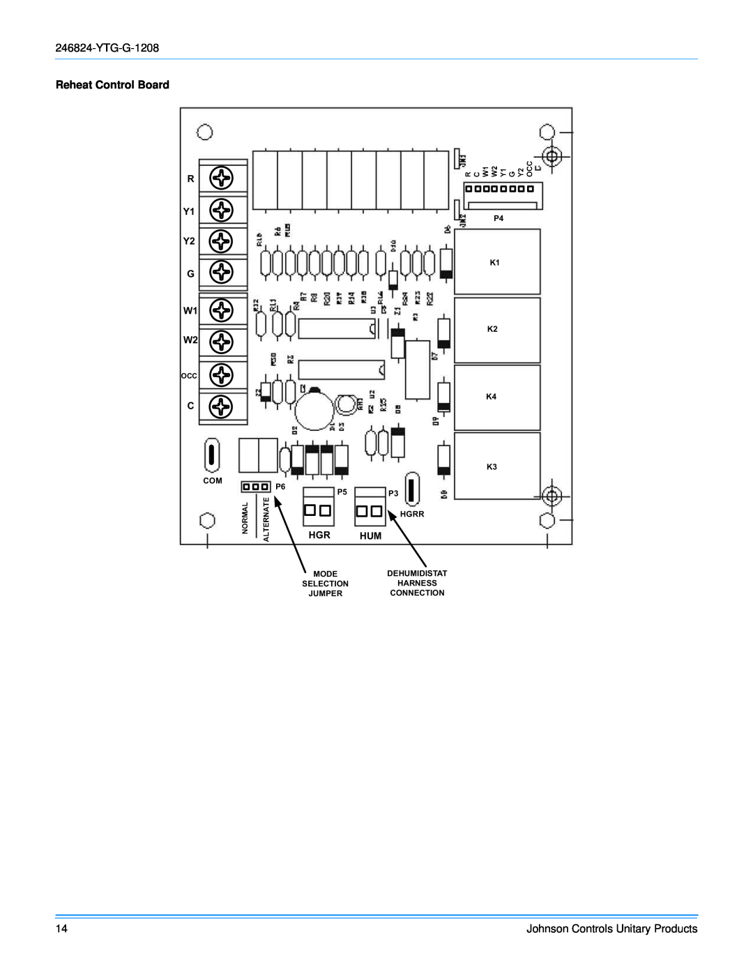 York R-410A manual Reheat Control Board, R Y1, G W1, Hgr Hum 
