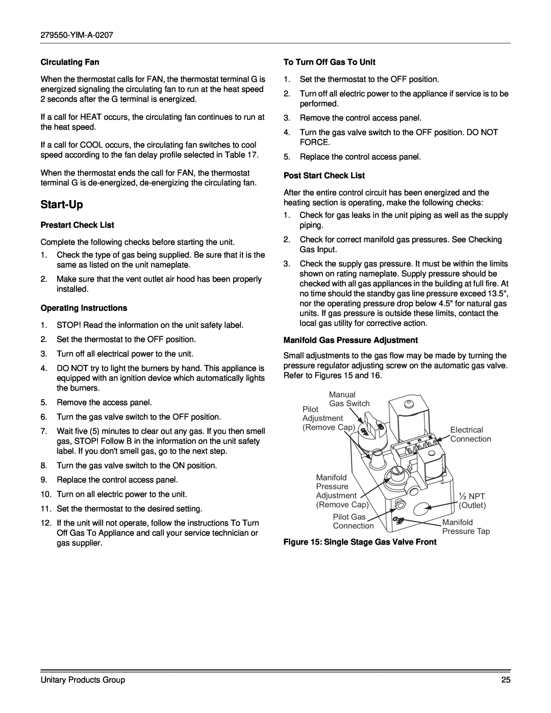 York R-410A dimensions Start-Up, Circulating Fan, Prestart Check List, Operating Instructions, To Turn Off Gas To Unit 
