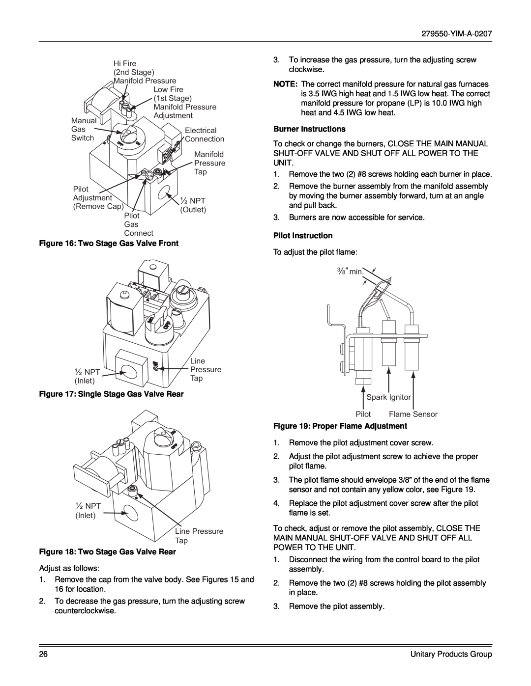 York R-410A dimensions Two Stage Gas Valve Front, Burner Instructions, Pilot Instruction, Single Stage Gas Valve Rear 