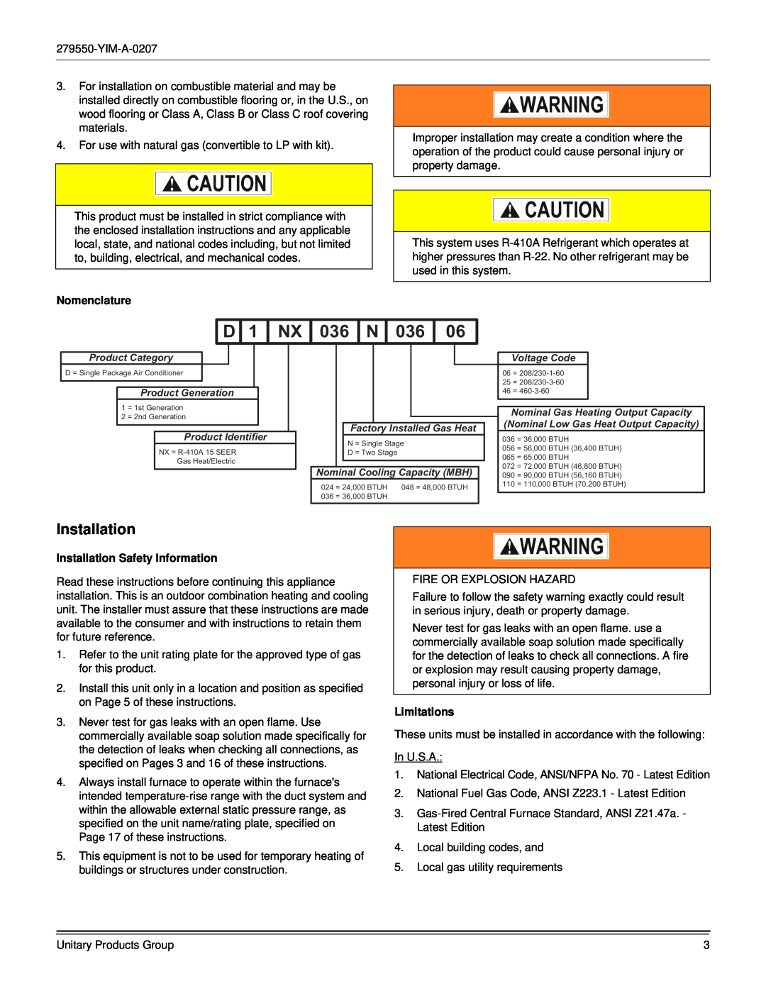 York R-410A dimensions Nomenclature, Installation Safety Information, Limitations, D 1 NX 036 N 