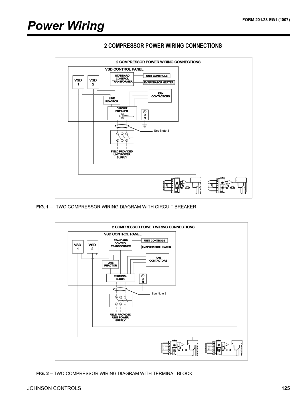 York R134A manual Power Wiring, Two COMPressor Wiring Diagram with Circuit Breaker 