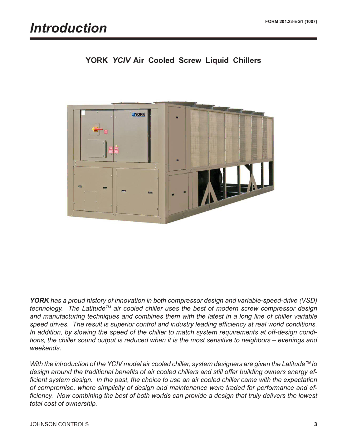 York R134A manual Introduction, York Yciv Air Cooled Screw Liquid Chillers 