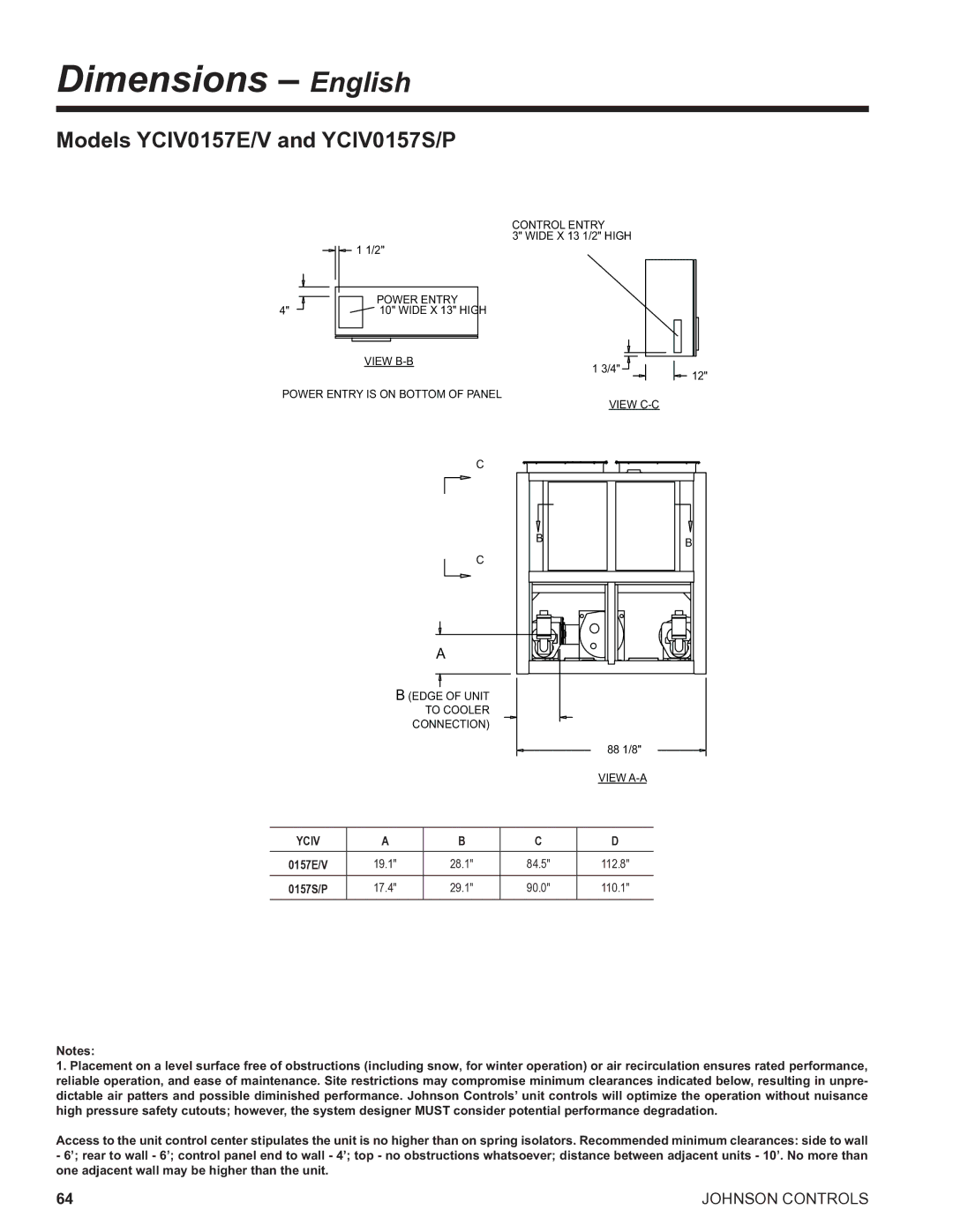 York R134A manual Dimensions English, Models YCIV0157E/V and YCIV0157S/P, 28.1, 29.1, Wide X 13 High 