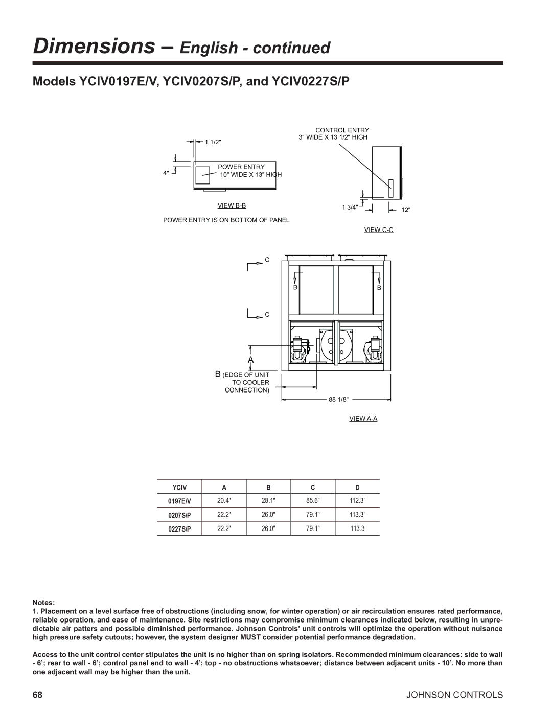 York R134A manual Models YCIV0197E/V, YCIV0207S/P, and YCIV0227S/P, 20.4 28.1 85.6 112.3, 22.2 26.0 79.1 113.3 