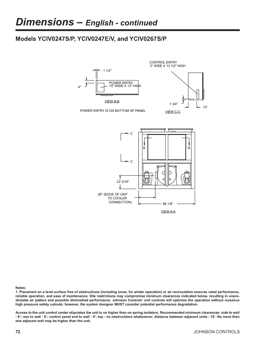 York R134A manual Models YCIV0247S/P, YCIV0247E/V, and YCIV0267S/P, Wide X 13 1/2 High, 22 3/16 