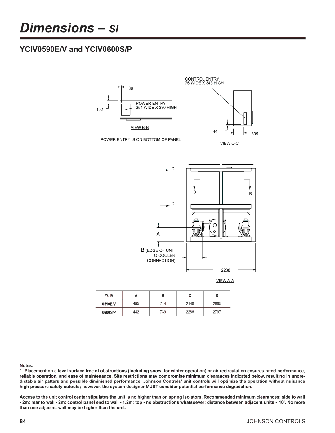 York R134A manual Dimensions SI, YCIV0590E/V and YCIV0600S/P, 485, 442 