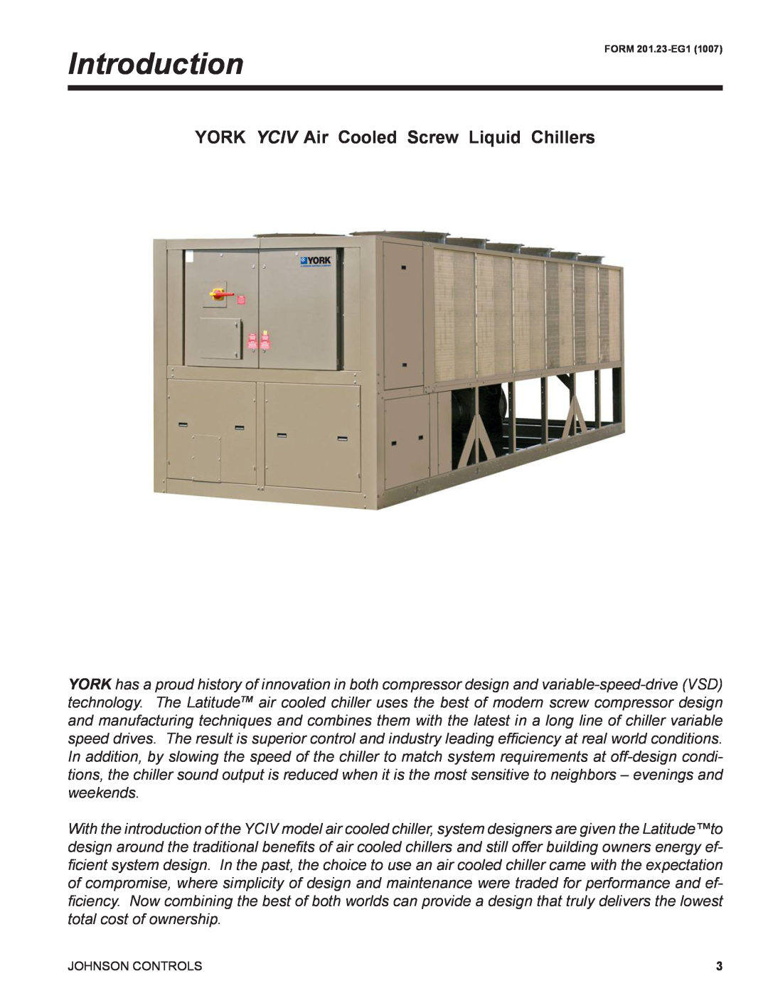 York R134A manual Introduction, YORK YCIV Air Cooled Screw Liquid Chillers 