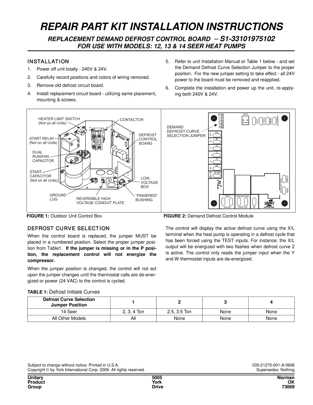 York S1-33101975102 installation instructions Repair Part KIT Installation Instructions, Defrost Curve Selection 