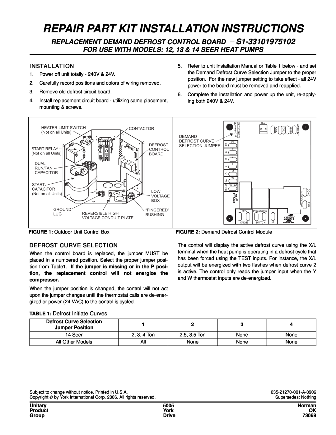 York S1-33101975102 installation instructions Repair Part Kit Installation Instructions, Defrost Curve Selection, Unitary 
