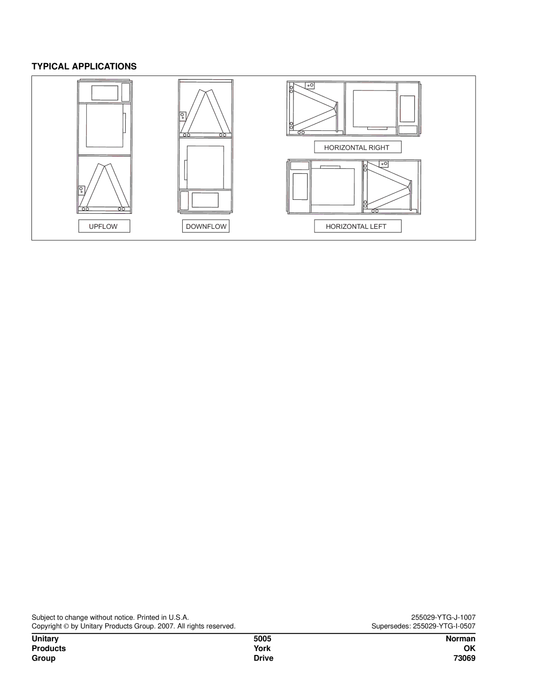 York SHP48 THRU 60, AHP18 THRU 60 specifications Typical Applications, Unitary 5005 Norman Products York Group Drive 73069 