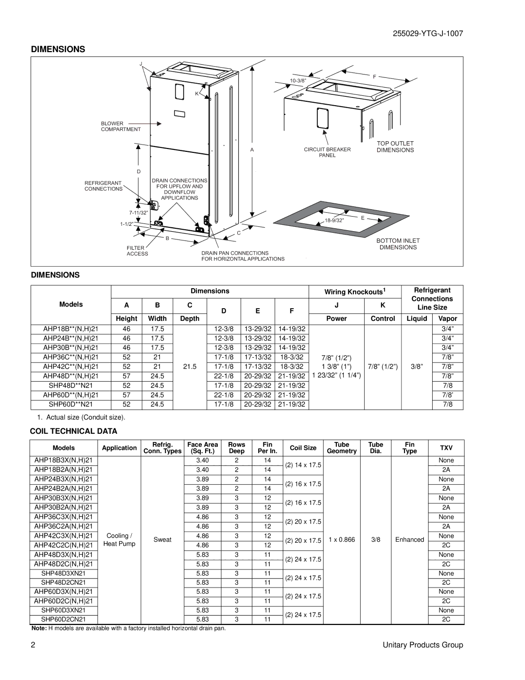 York SHP48 THRU 60, AHP18 THRU 60 specifications Dimensions, Coil Technical Data 