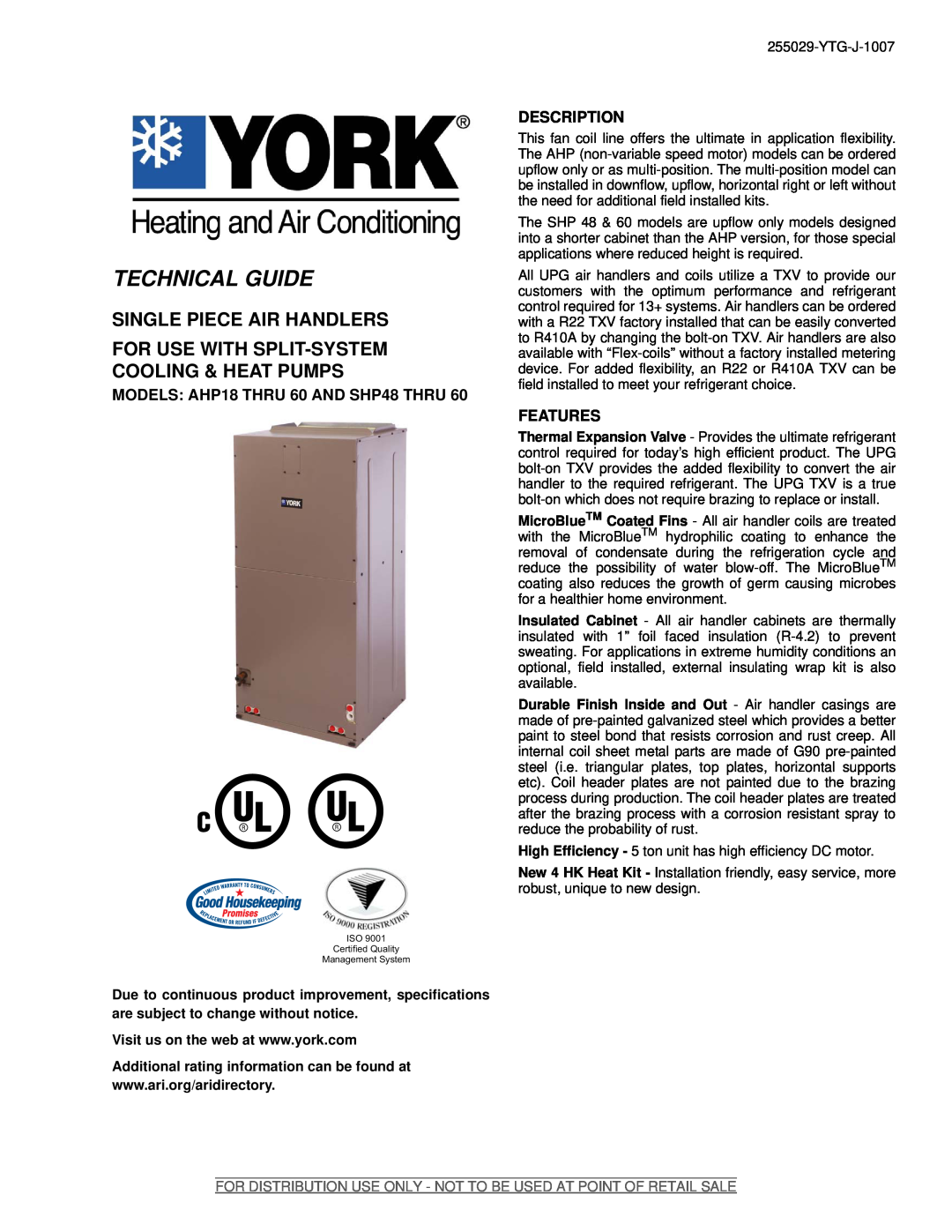 York SHP48 THRU 60 specifications MODELS AHP18 THRU 60 AND SHP48 THRU, Description, Features, Technical Guide 