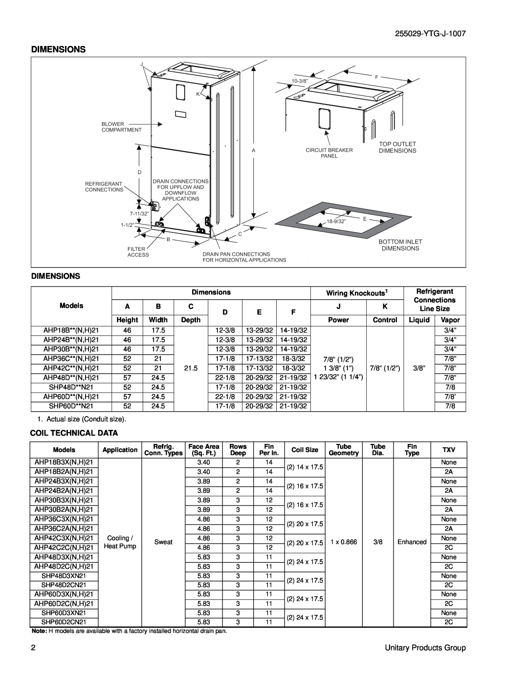 York SHP48 THRU 60, AHP18 THRU 60 specifications Dimensions, Coil Technical Data 