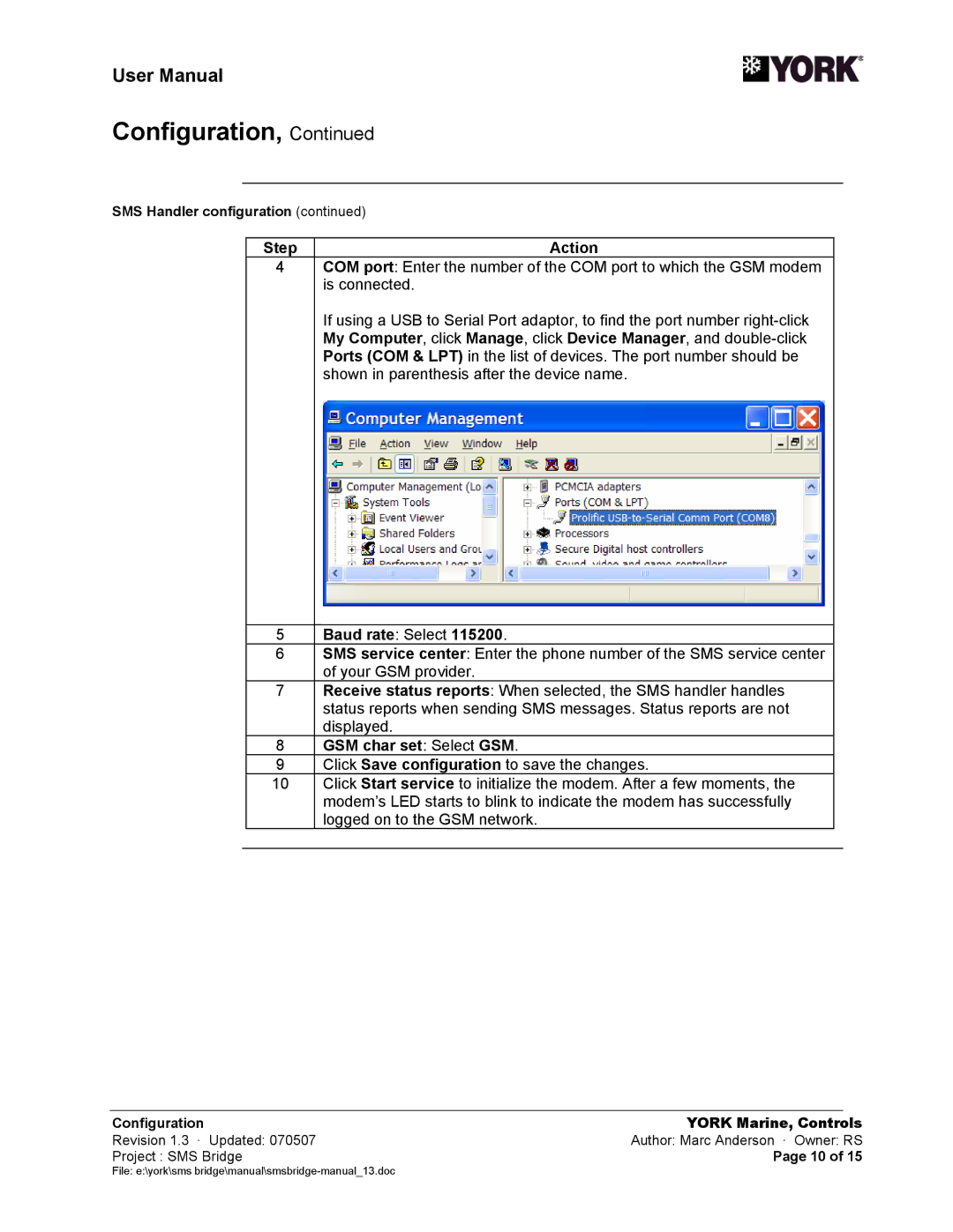 York SMS Bridge user manual Baud rate Select, GSM char set Select GSM, SMS Handler configuration 