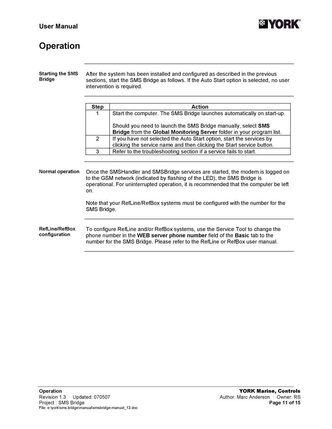 York SMS Bridge user manual Normal operation RefLine/RefBox configuration, Operation York Marine, Controls 