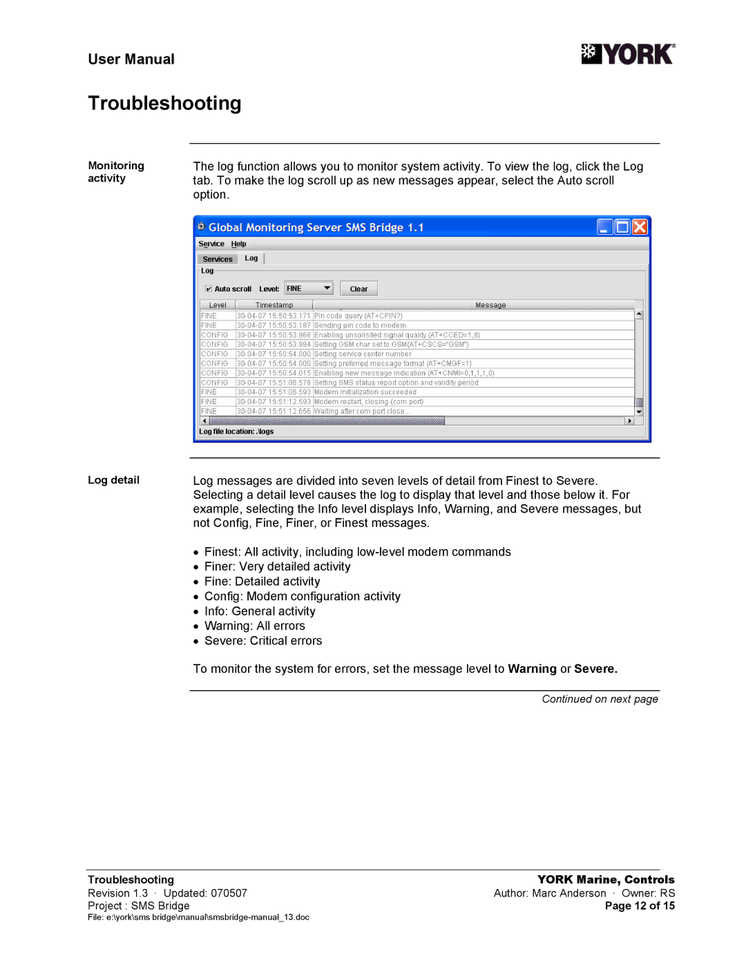 York SMS Bridge user manual Monitoring, Activity, Log detail, Troubleshooting York Marine, Controls 