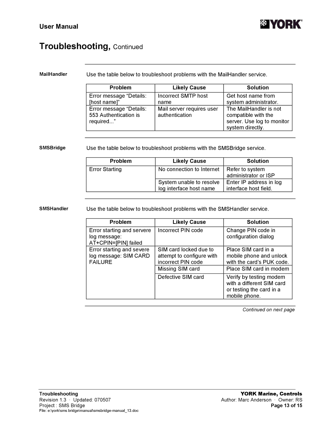 York SMS Bridge user manual Problem Likely Cause Solution, MailHandler, SMSBridge 