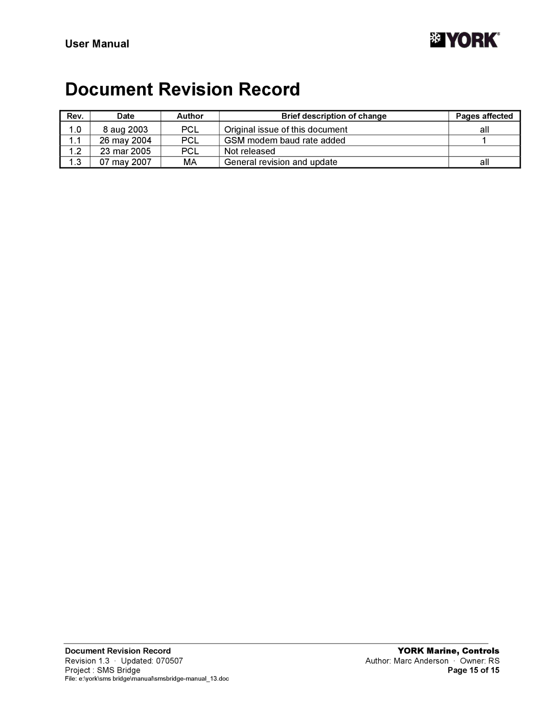 York SMS Bridge Rev Date Author Brief description of change Pages affected, Document Revision Record York Marine, Controls 