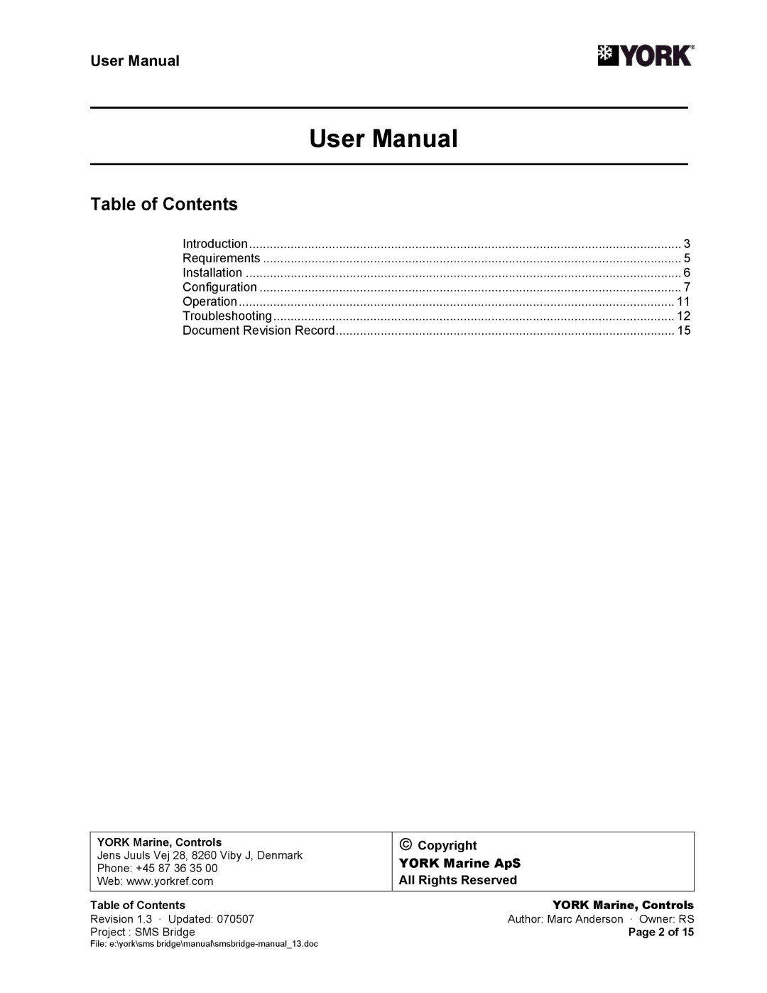 York SMS Bridge user manual Table of Contents 