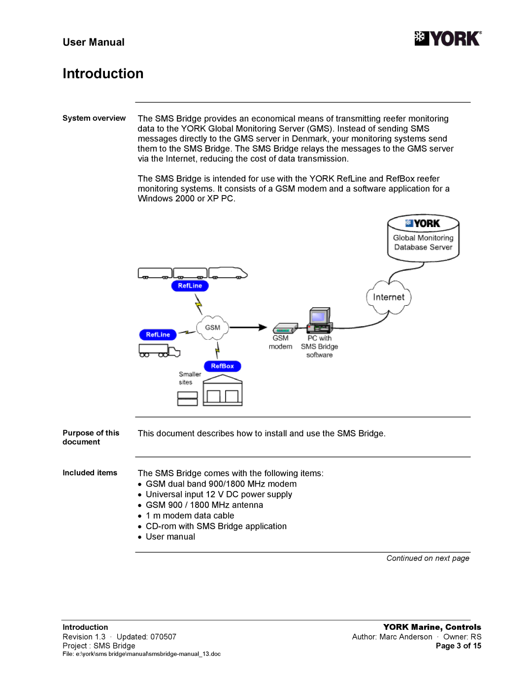 York SMS Bridge user manual Introduction York Marine, Controls 