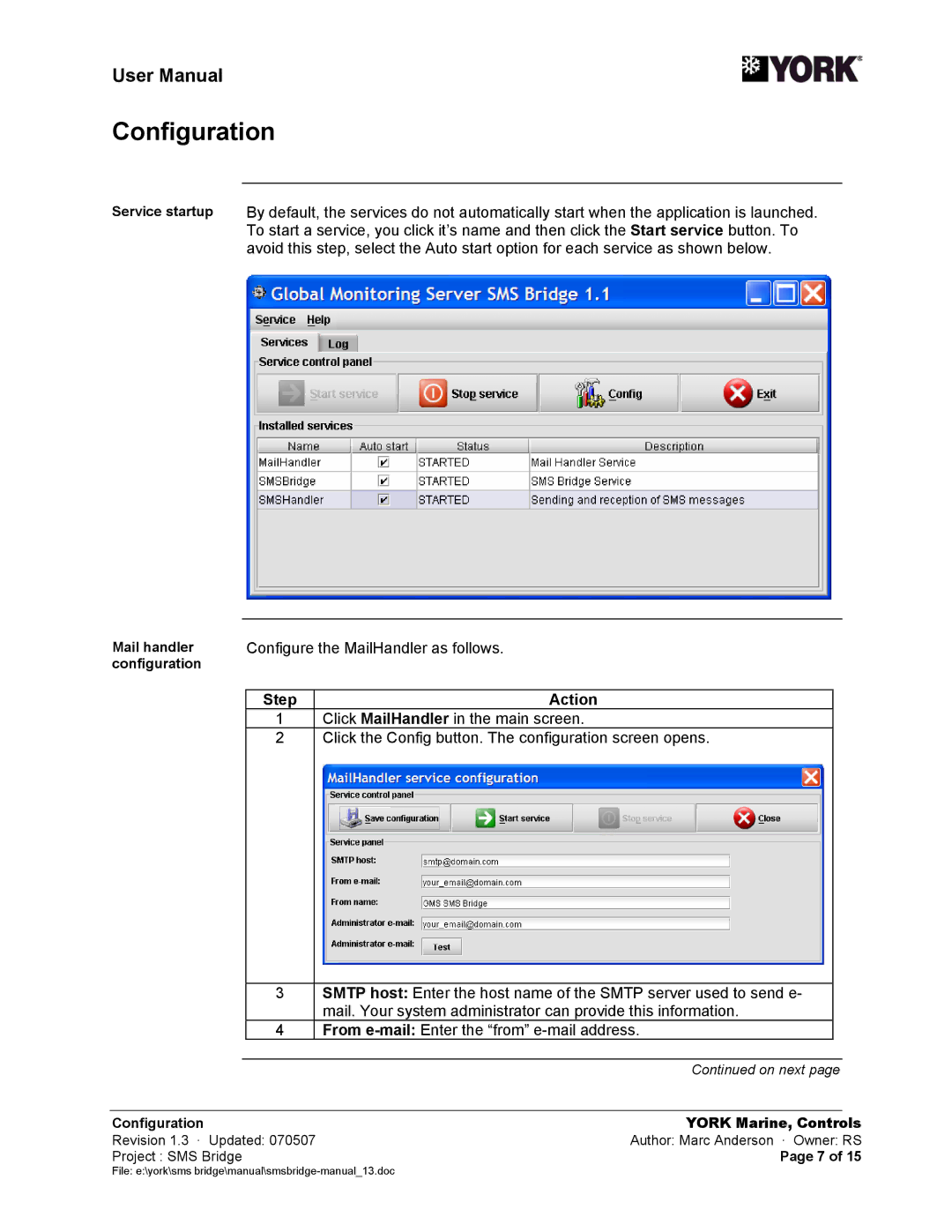 York SMS Bridge user manual Configuration, Configure the MailHandler as follows, Mail handler 