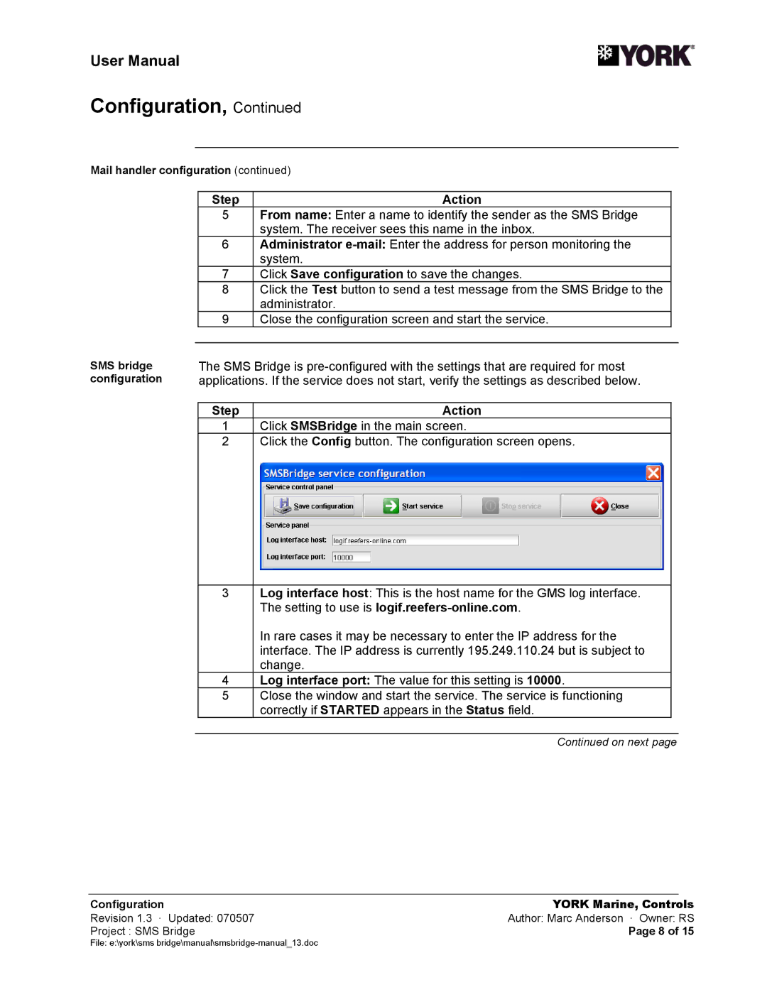 York SMS Bridge Setting to use is logif.reefers-online.com, Mail handler configuration, SMS bridge configuration 