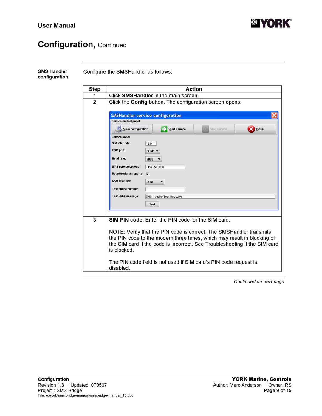 York SMS Bridge user manual Configuration 