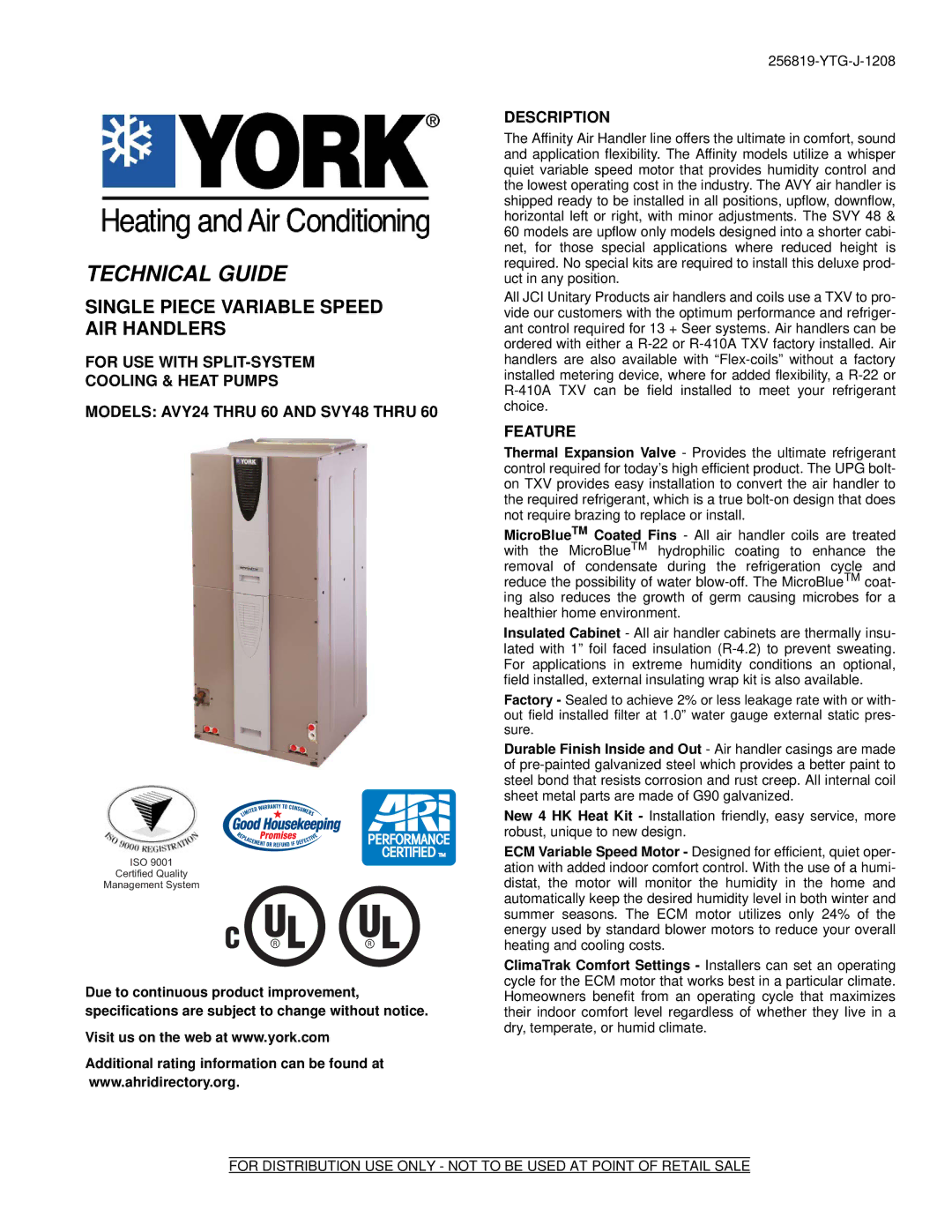 York AVY24 THRU 60, SVY48 THRU 60 specifications Description, Feature 