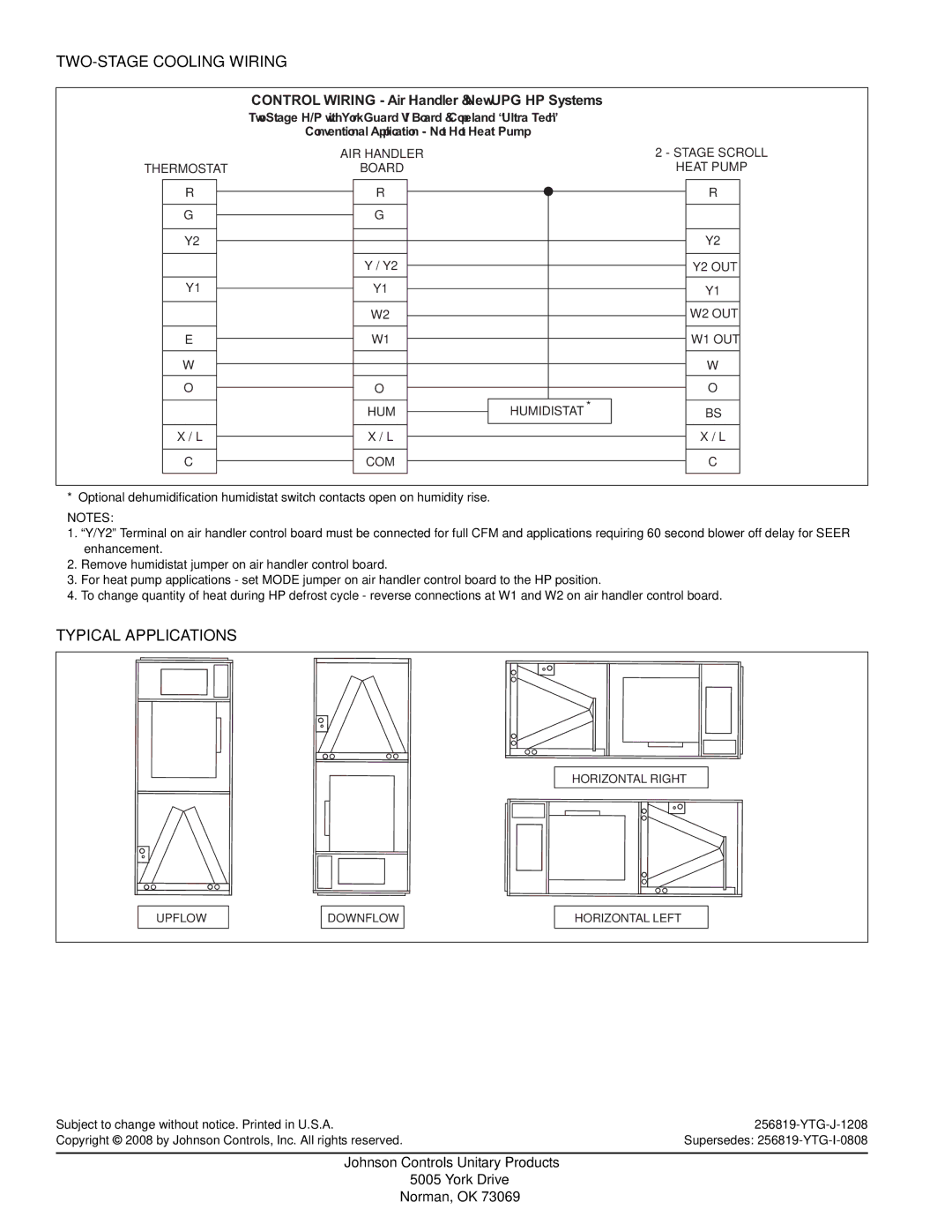 York SVY48 THRU 60 TWO-STAGE Cooling Wiring, Typical Applications, Johnson Controls Unitary Products York Drive Norman, OK 